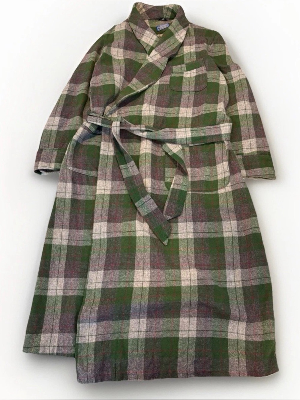 Vintage Pendleton 100% Virgin Wool Plaid House Coat Belted Robe USA Large Green